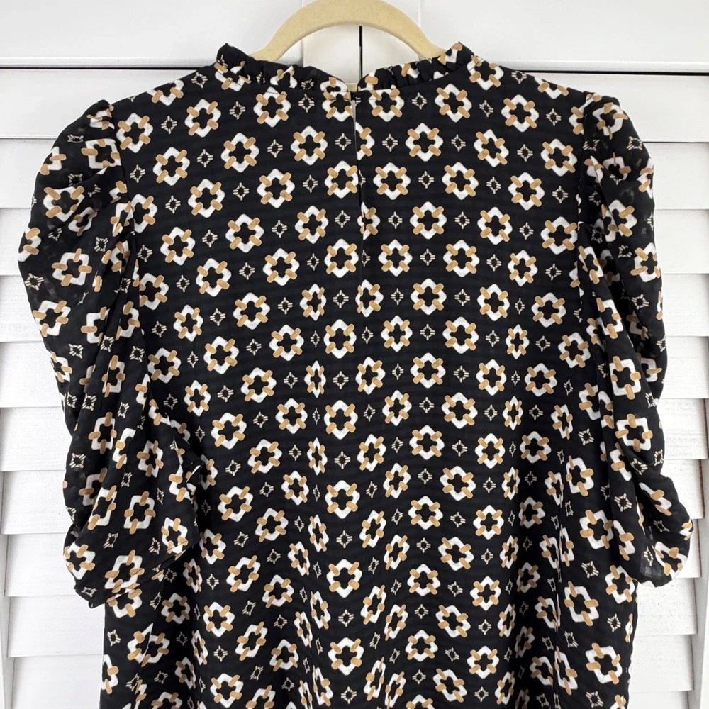 LOFT Blouse XL Black Geometric Ruffle Neck Puff Sleeve NEW